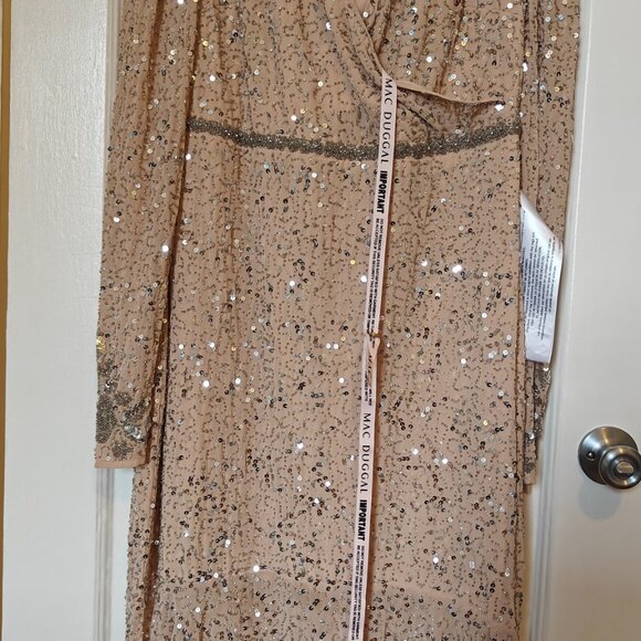 Mac duggal Beige Sequin Dress with Embellished Hemline and Belt - Picture 3 of 4